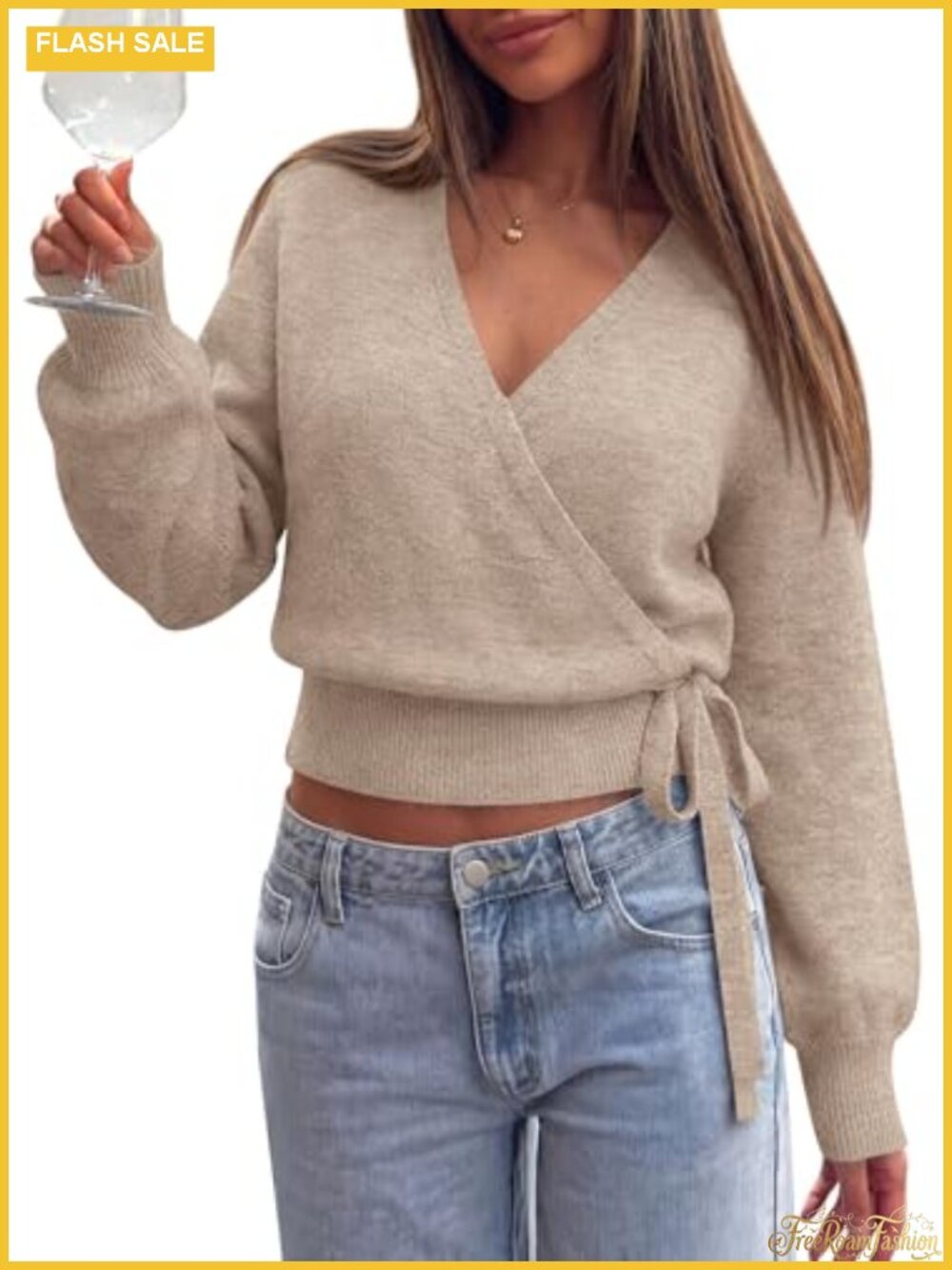 V Neck Wrap Sweater Knit Pullover Long Sleeve Slim Fit